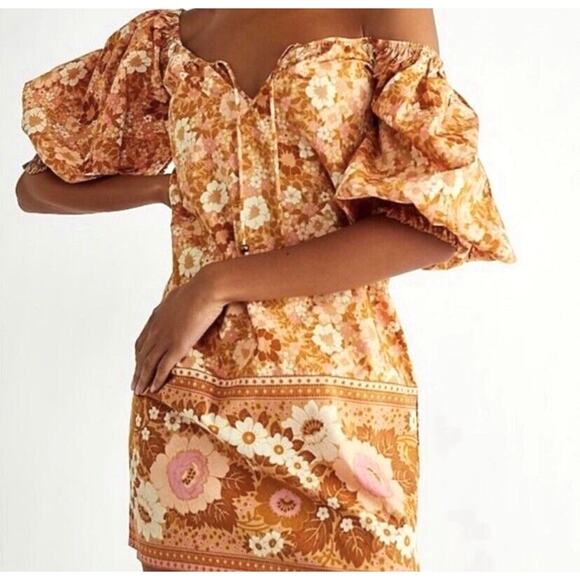 Spell & The Gypsy Dress Womens SM Anne Tunic Peach Yellow Floral Off Shoulder - Picture 1 of 11